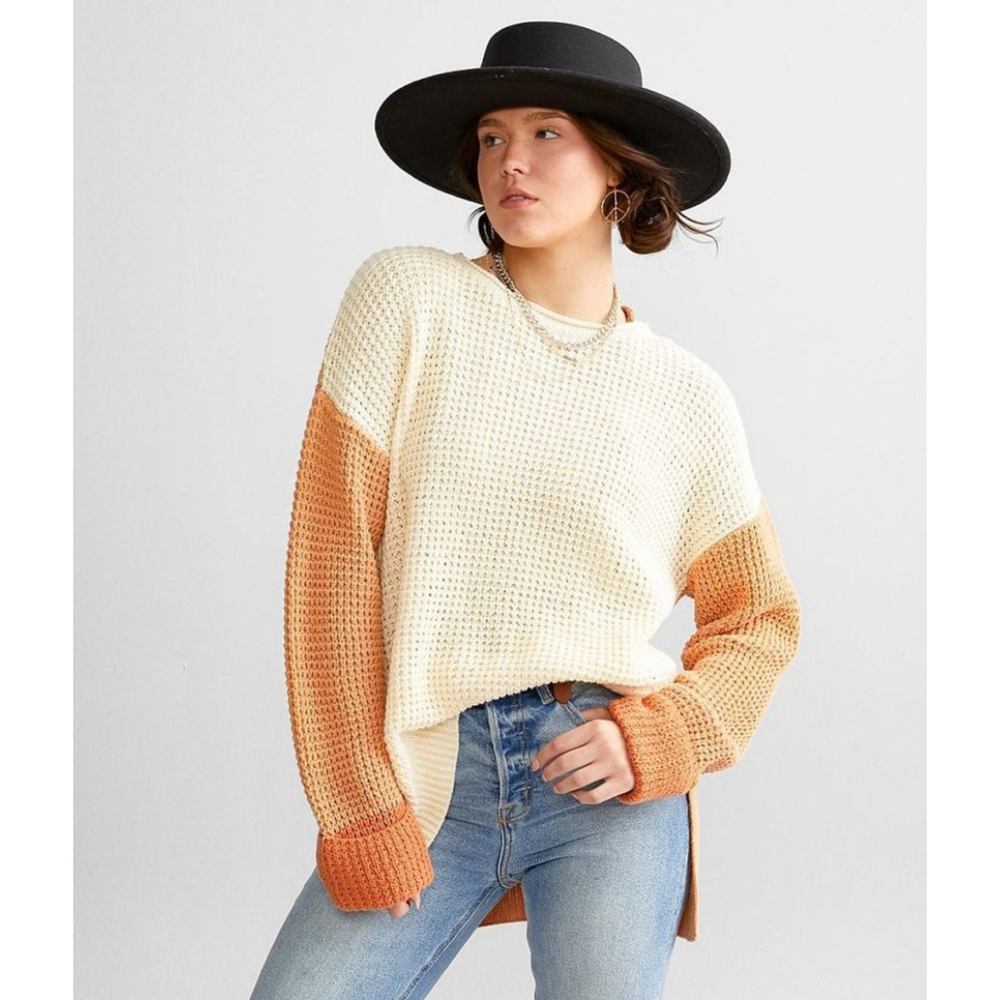 Women's Oversized Listicle Boho Beige & Orange Colorblock Crew Neck Sweater M